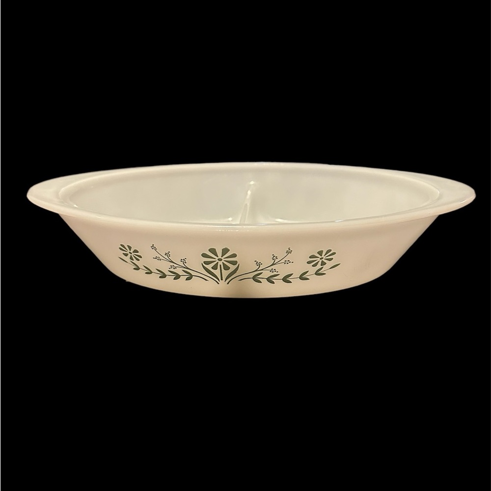 Glasbake J2352 Serving Dish Divided Oval Jennette Green Daisy Baking Vintage